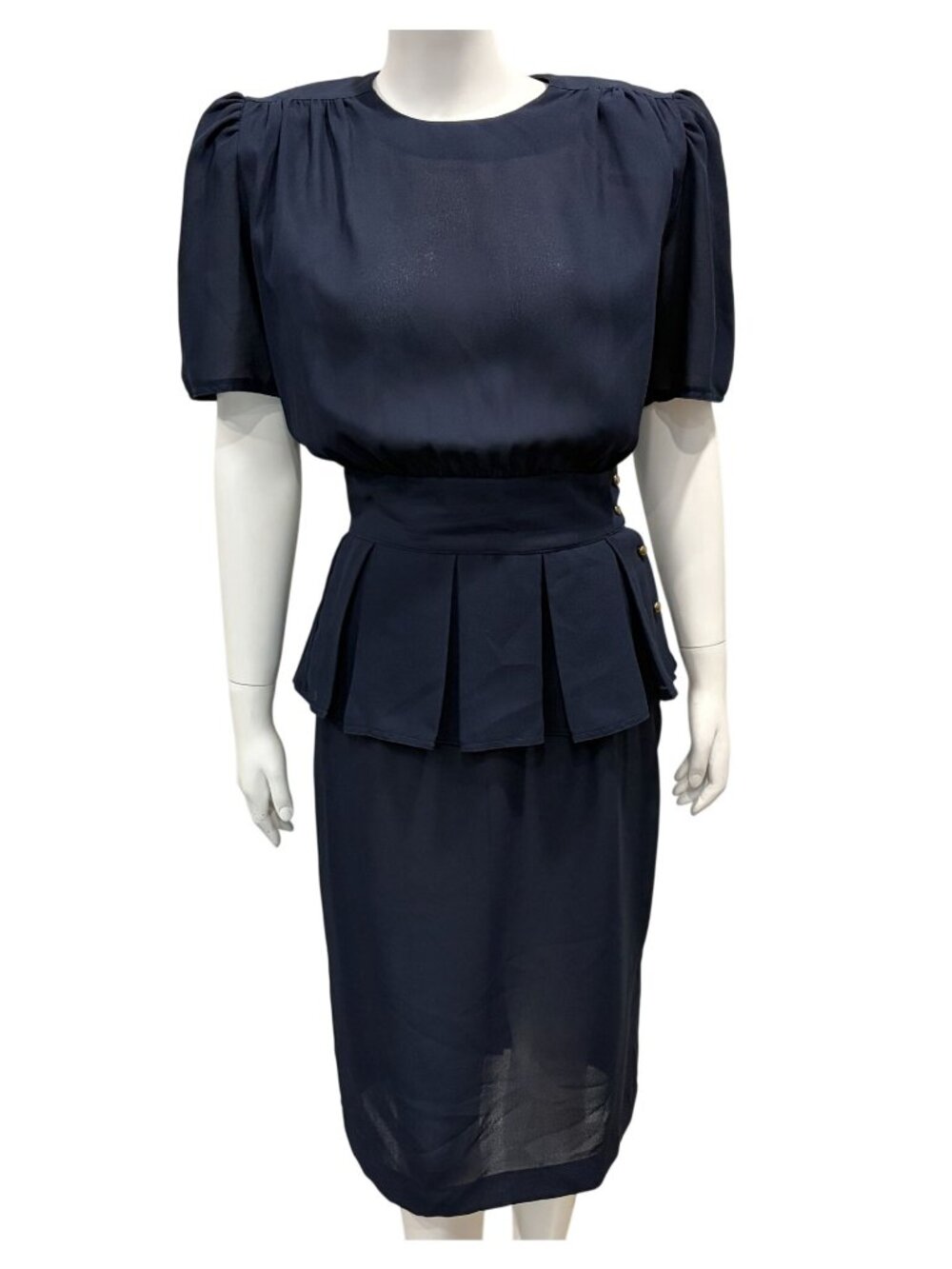 Vintage M.H.M. Melissa Harper Peplum Hem Midi Dress Size 6 Navy Blue